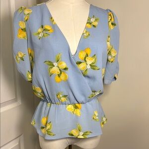 Blue Lemon Print Wrap Top
